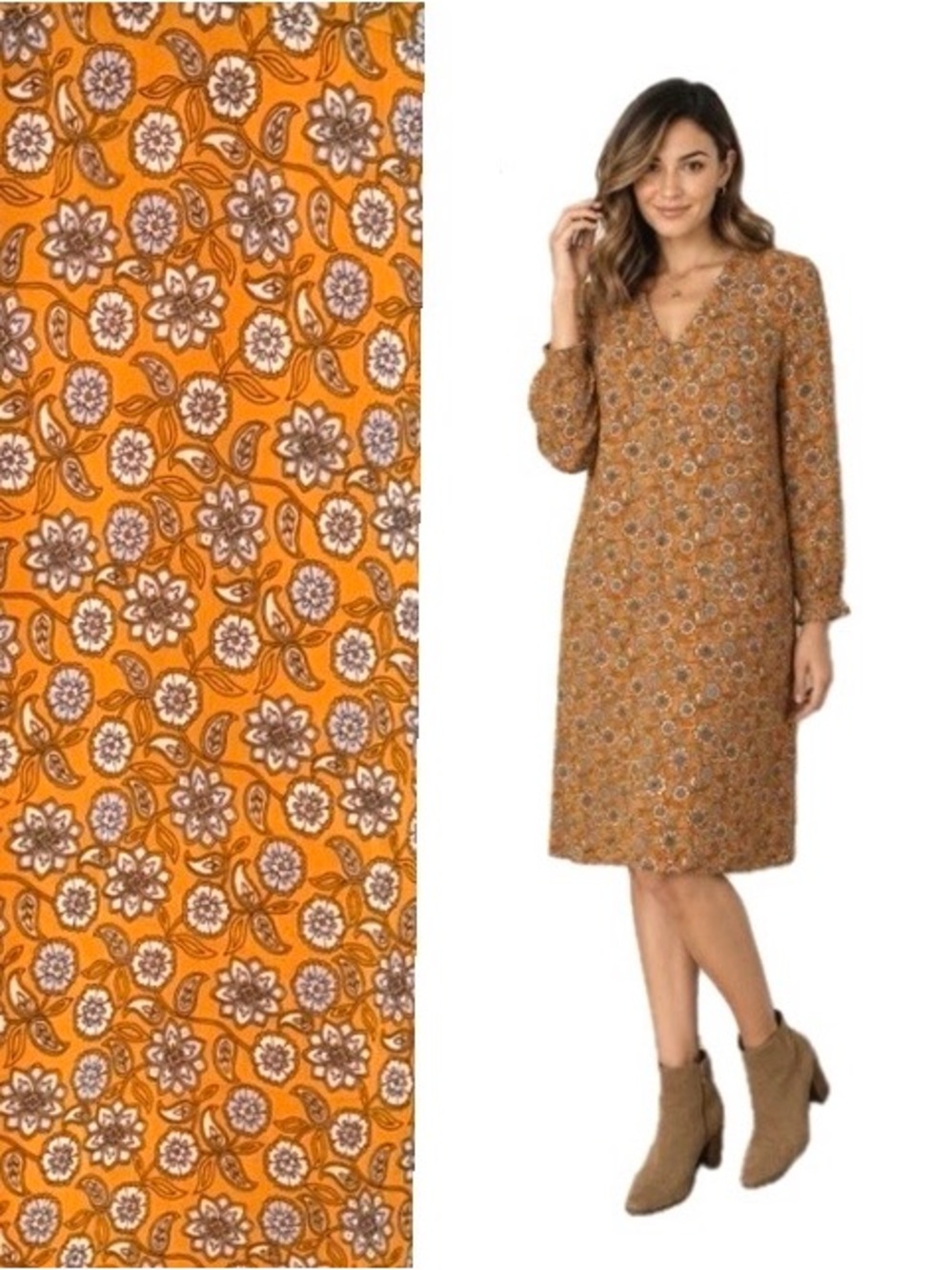 LOFT, Mustard Floral Sheer Sleeve Shift Dress, Size Medium EUC